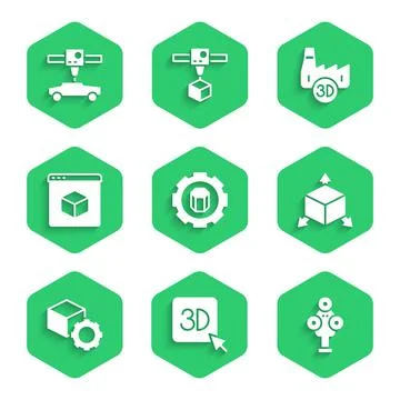 Set 3D printer setting, scanner, Isometric cube, Printing house industry and car Illustrazione stock