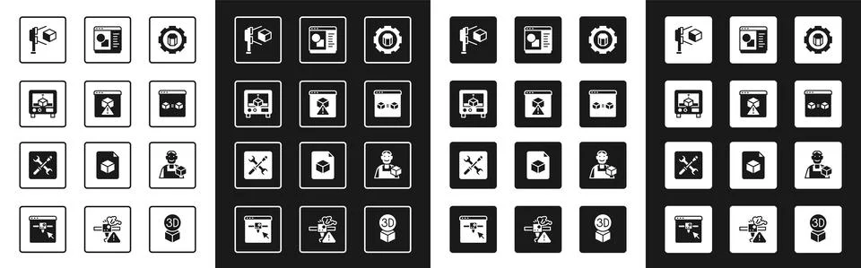 Set 3D printer setting, scanner with cube, perfect copy, software, Graphic Ilustração Stock