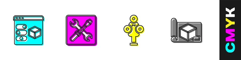 Set 3D printer, setting, scanner and Graphing paper for engineering icon. Vector Stock Illustration