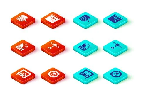 Set 3D printer, setting, services, house,  and Filament for icon. Vector 스톡 일러스트