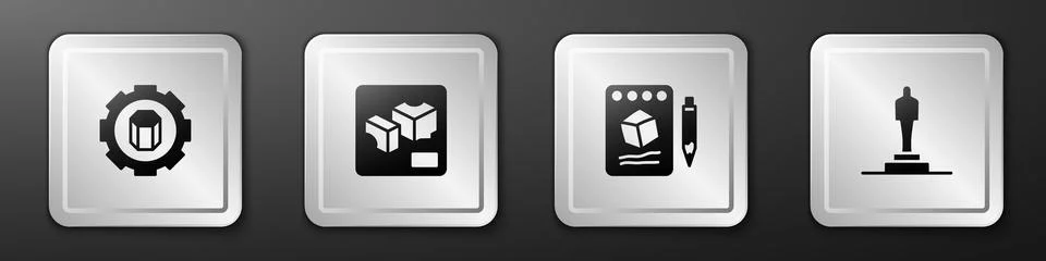 Set 3D printer setting, , Sketch on paper and model icon. Silver square button 스톡 일러스트