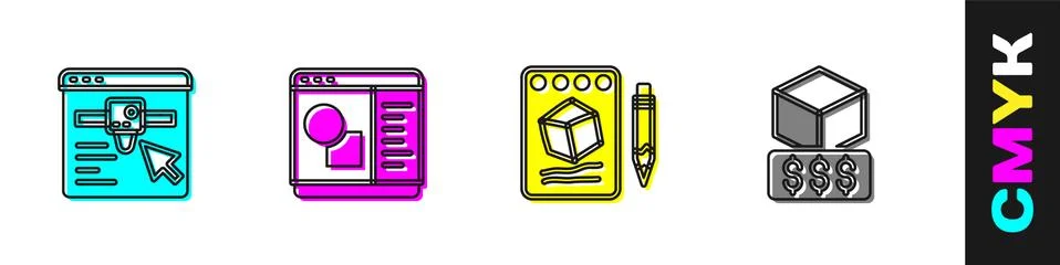 Set 3D printer setting, software, Sketch on paper and services icon. Vector Ilustração Stock