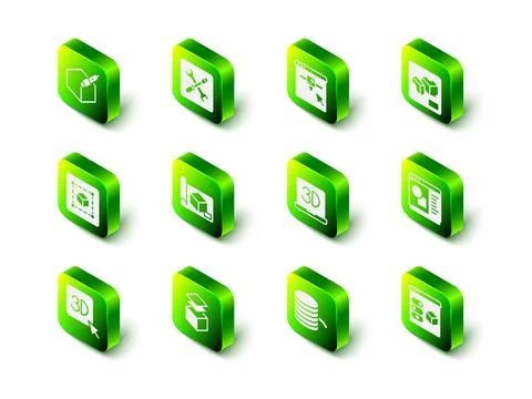 Set 3D printer setting, software, Filament for and Layers icon. Vector Stock Illustration