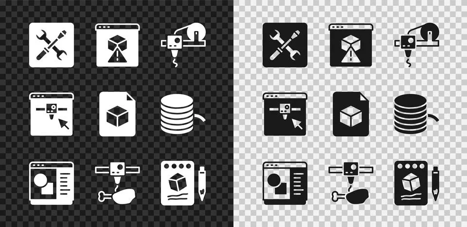 Set 3D printer setting, software, chicken leg, Sketch on paper, and Isometric Ilustração Stock