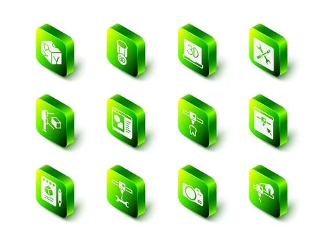 Set 3D printer, setting, tooth, Photo camera and wrench spanner icon. Vector Illustrazione stock