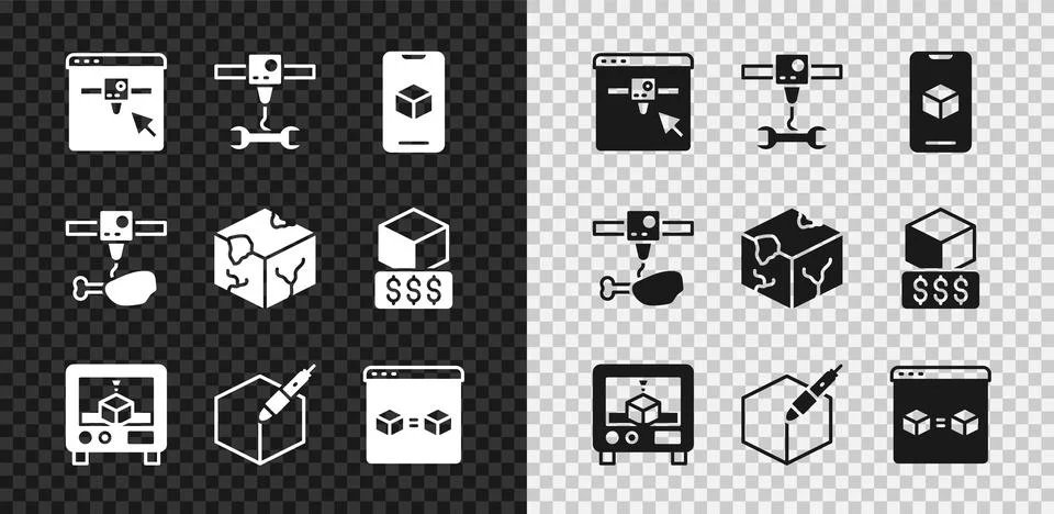 Set 3D printer setting, wrench spanner, software, 3d pen tool, perfect copy Stock Illustration
