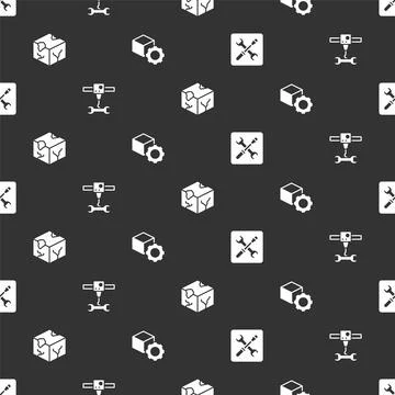 Set 3D printer setting, wrench spanner, Isometric cube and on seamless pattern 스톡 일러스트