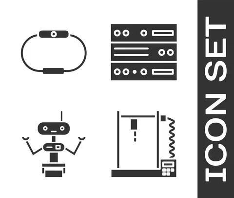 Set 3D printer, Smartwatch, Robot and Server, Data, Web Hosting icon. Vector Stock Illustration