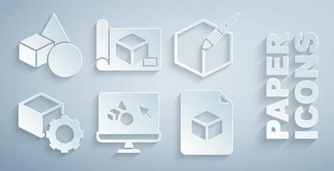 Set 3D printer software, 3d pen tool, Isometric cube, file, Graphing paper for Ilustração Stock