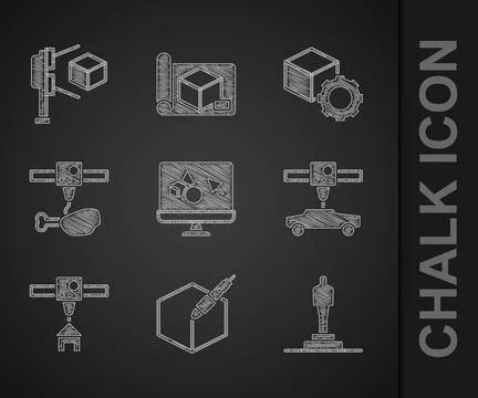 Set 3D printer software, 3d pen tool, model, car, house, chicken leg, Isometric Ilustração Stock