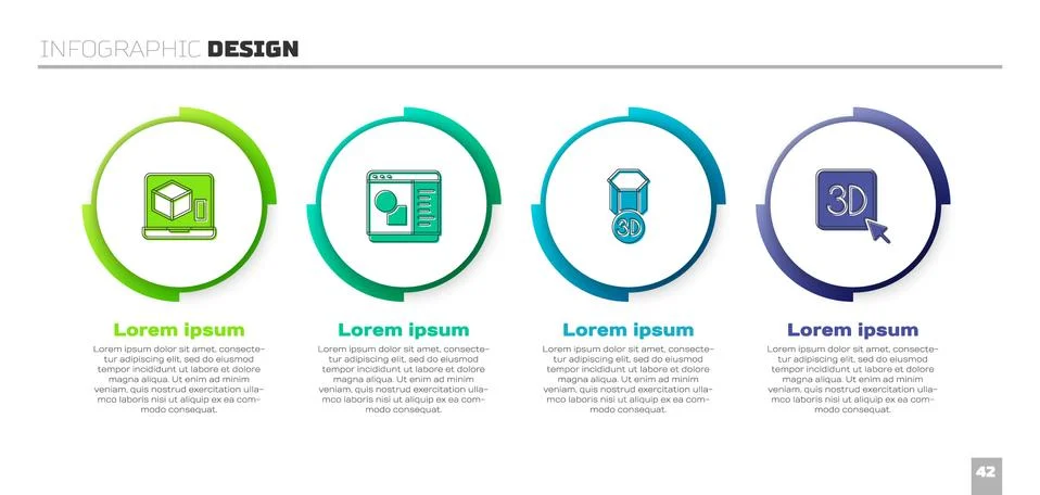 Set 3D printer, software, and . Business infographic template. Vector Ilustração Stock