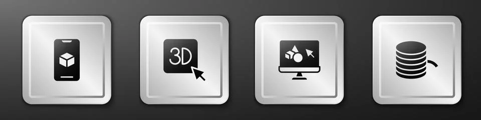 Set 3D printer software, ,  and Filament for icon. Silver square button. Vect Ilustração Stock