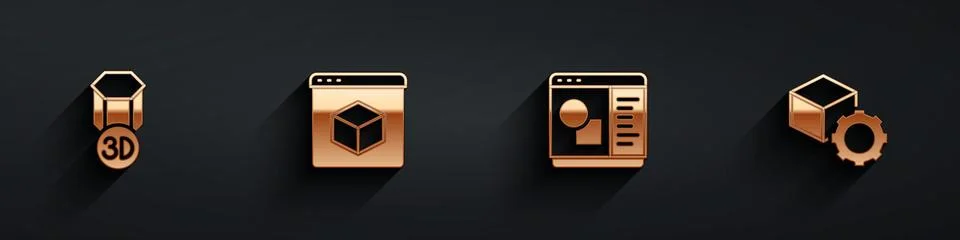 Set 3D printer, , software and Isometric cube icon with long shadow. Vector Ilustração Stock