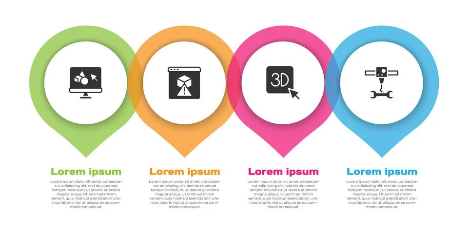 Set 3D printer software, , and wrench spanner. Business infographic template Stock Illustration