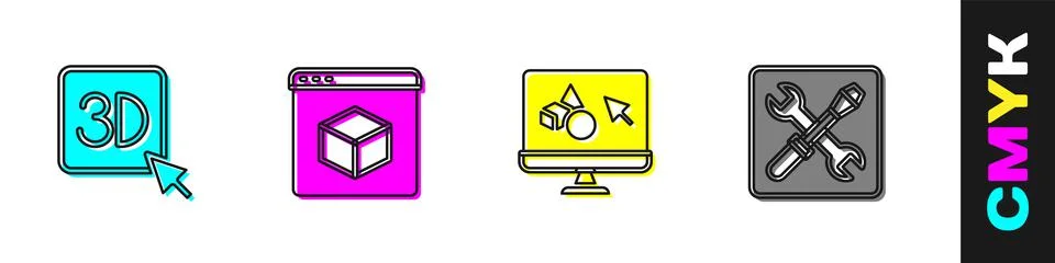 Set 3D printer, , software and setting icon. Vector Ilustração Stock