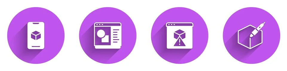 Set 3D printer software, ,  and 3d pen tool icon with long shadow. Vector Stock Illustration