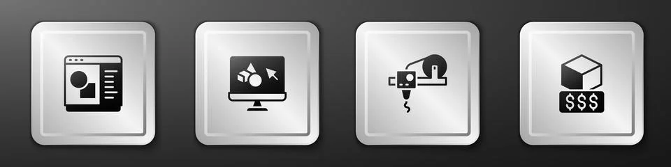 Set 3D printer software, , and services icon. Silver square button. Vector Stock Illustration