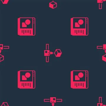 Set 3D printer software and cube on seamless pattern. Vector Stock Illustration