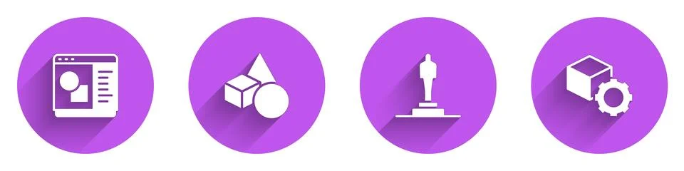 Set 3D printer software, Basic geometric shapes, model and Isometric cube icon Ilustração Stock