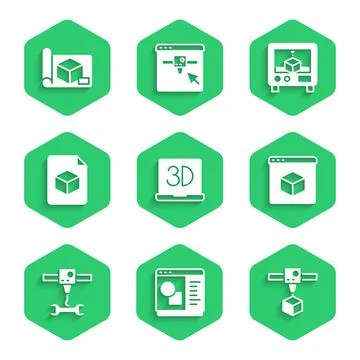 Set 3D printer, software, cube, wrench spanner, Isometric file, and Graphing  Ilustração Stock
