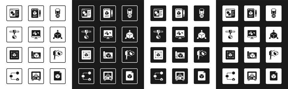 Set 3D printer, software, cube, Isometric, Sketch on paper, scanner with and Ilustração Stock