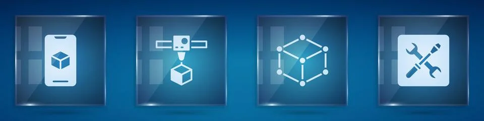 Set 3D printer software, cube, Isometric and setting. Square glass panels. .. Ilustração Stock