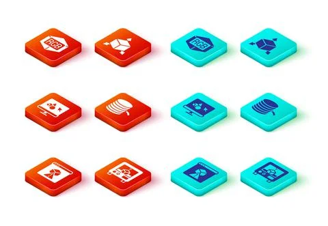 Set 3D printer, software, Filament for, Isometric cube and RGB and CMYK color Ilustração Stock