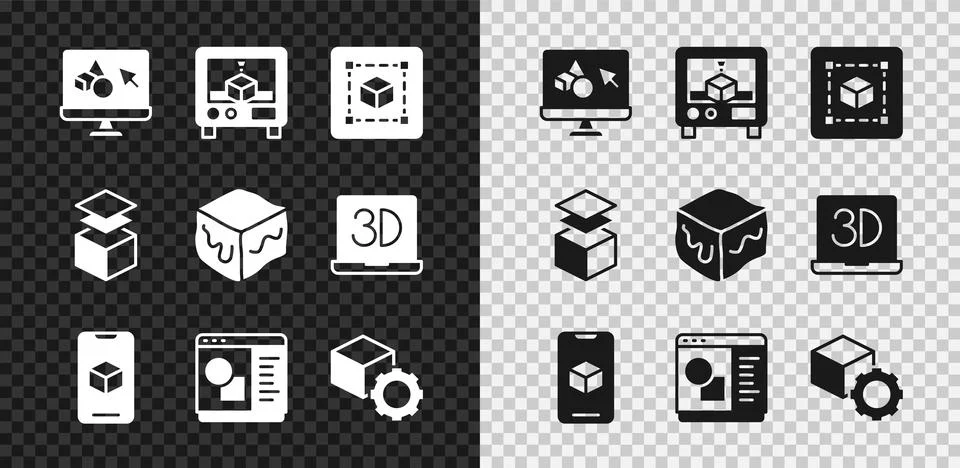Set 3D printer software, Geometric figure Cube, Isometric cube, Layers and icon Ilustração Stock