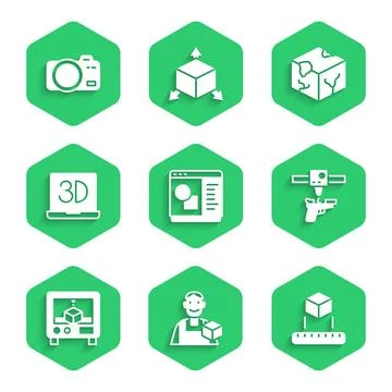 Set 3D printer software, Graphic designer, Isometric cube, gun, and Photo camera Ilustração Stock