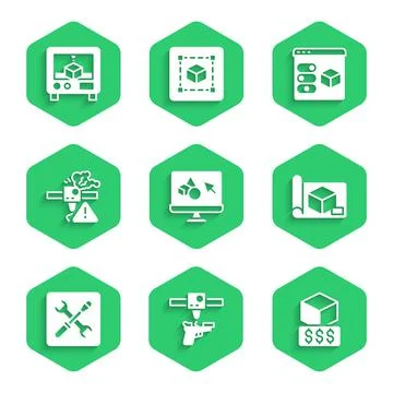 Set 3D printer software, gun, services, Graphing paper for engineering, setting Illustrazione stock