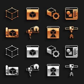 Set 3D printer, software, house, Graphing paper for engineering, Isometric cube Stock Illustration