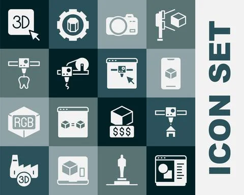 Set 3D printer software, house, Photo camera, tooth, and setting icon. Vector Illustrazione stock