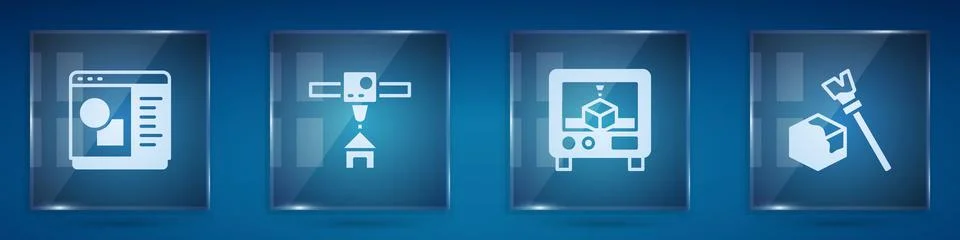 Set 3D printer software, house, and Isometric cube. Square glass panels. Vector Ilustração Stock