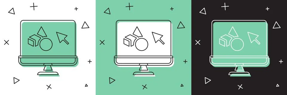 Set 3D printer software icon isolated on white and green, black background. 3d Stock Illustration