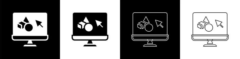 Set 3D printer software icon isolated on black and white background. 3d printing Stock Illustration