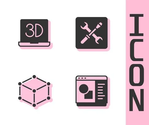 Set 3D printer software, , Isometric cube and setting icon. Vector Illustrazione stock