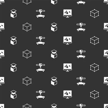 Set 3D printer software, Isometric cube, Layers and car on seamless pattern 스톡 일러스트