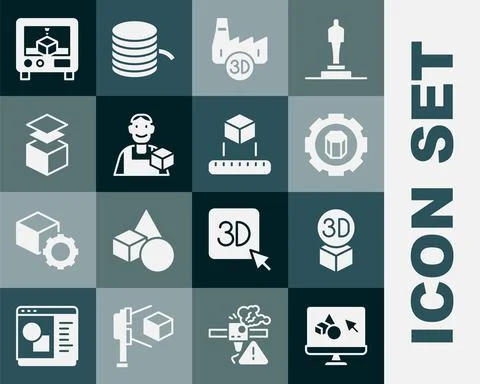 Set 3D printer software, Isometric cube, setting, Printing house industry Illustrazione stock