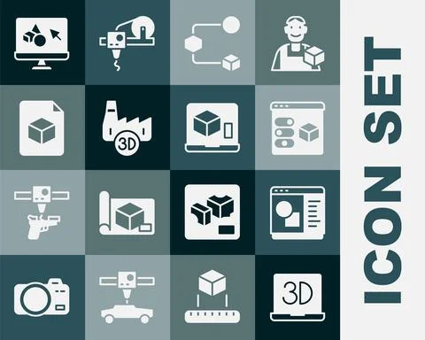 Set 3D printer, software, Isometric cube, Printing house industry, file,  and Ilustração Stock