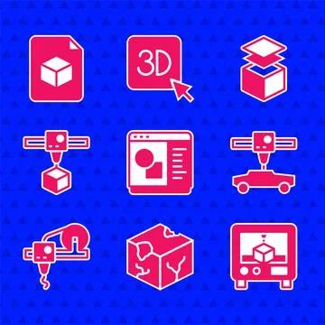 Set 3D printer software, Isometric cube, car, Layers and file icon. Vector Ilustração Stock