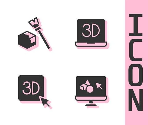 Set 3D printer software, Isometric cube, and icon. Vector Ilustração Stock