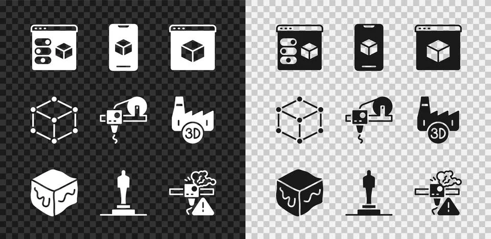 Set 3D printer, software, Isometric cube, model, warning, and icon. Vector Stock Illustration