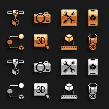 Set 3D printer, software, Isometric cube, setting, and Photo camera icon. Vector Ilustração Stock