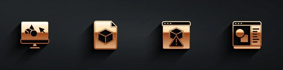 Set 3D printer software, Isometric cube file, and icon with long shadow. Vector Ilustração Stock