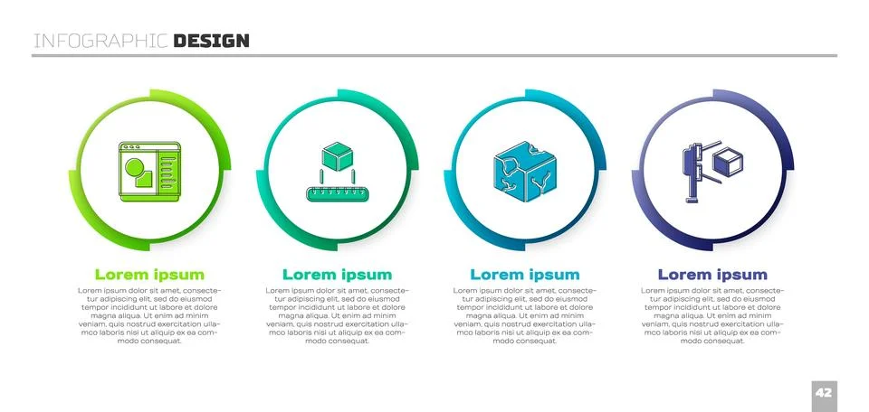 Set 3D printer software, Isometric cube, and scanner with. Business infographic Ilustração Stock