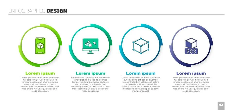 Set 3D printer software, , Isometric cube and services. Business infographic Ilustração Stock