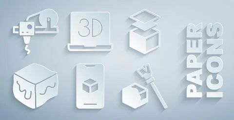 Set 3D printer software, Layers, Isometric cube,  and  icon. Vector Stock Illustration