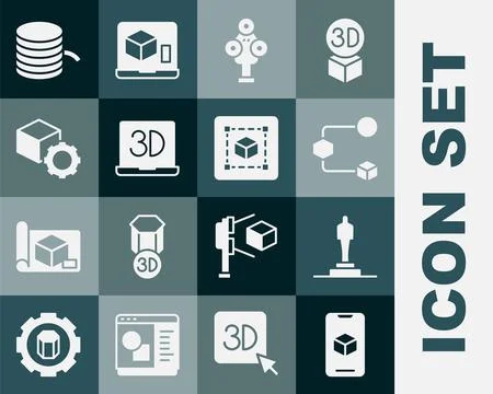 Set 3D printer software, model, Isometric cube, scanner, Filament for and Ilustração Stock