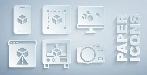 Set 3D printer, software, Photo camera, Geometric figure Cube and icon. Vector Stock Illustration