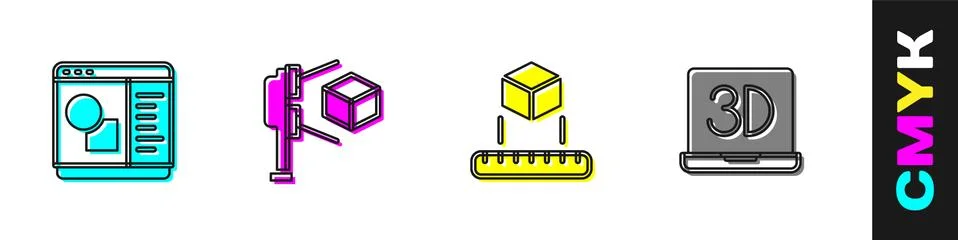 Set 3D printer software, scanner with cube, Isometric and icon. Vector Stock Illustration